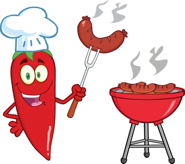 Söt röd chili peppar kocken med korv på gaffel kock på grill — Stockfoto