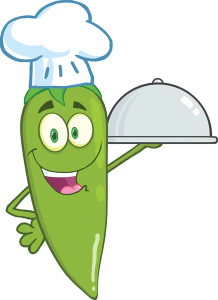 Cute Green Chili Pepper Chef Holding A Platter — Stok Foto