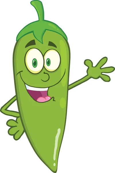 Senyum Green Chili Pepper Cartoon Character Waving For Greeting — Stok Foto