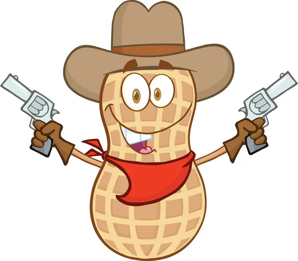 Smiling Peanut Cowboy Cartoon Character with Guns — стоковое фото