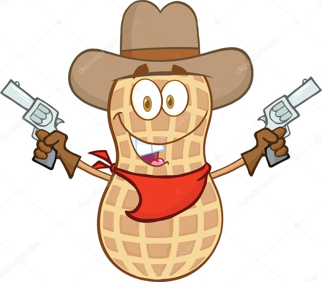 Smiling Peanut Cowboy Cartoon Mascot Character With Guns