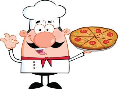 bir pizza pasta holding, şirin, küçük şef çizgi film karakteri