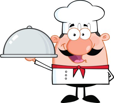 happy chef çizgi film karakteri bir tepside holding