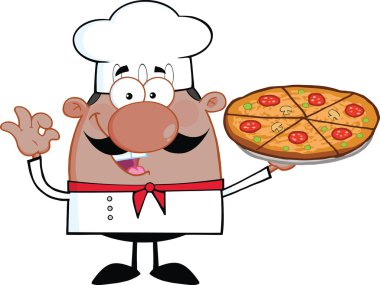 bir pizza pasta tutan şirin Afrikalı-Amerikalı şef çizgi film karakteri