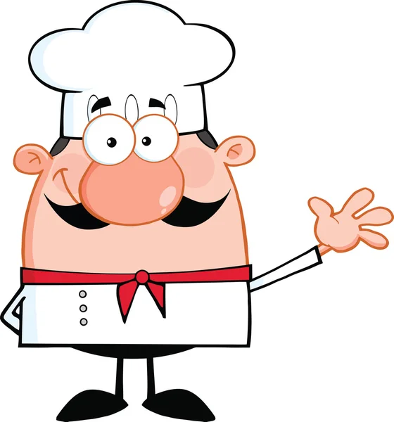 Roztomilý malý kuchař kreslená postavička mává na pozdrav — Stock fotografie
