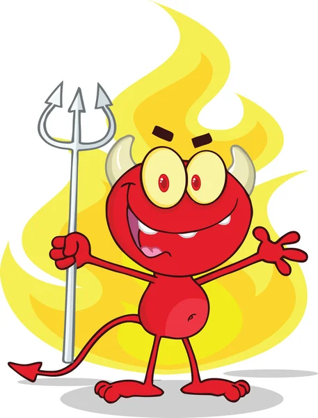 Cute Little Red Devil With A Pitchfork In Front Fire — Stock Photo, Image