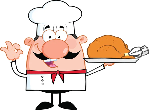 Cute Little Chef Personaje de dibujos animados que sostiene todo el pavo asado —  Fotos de Stock