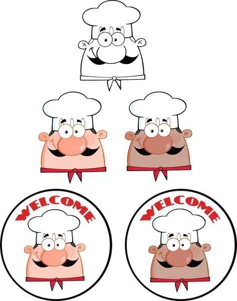 Chef Man Face Cartoon Circle Labels Collection Set — Stock Photo, Image