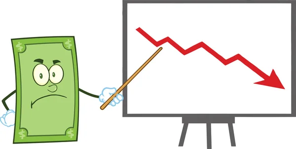 Carácter de la historieta del dólar enojado con el puntero que presenta una flecha que cae — Foto de Stock