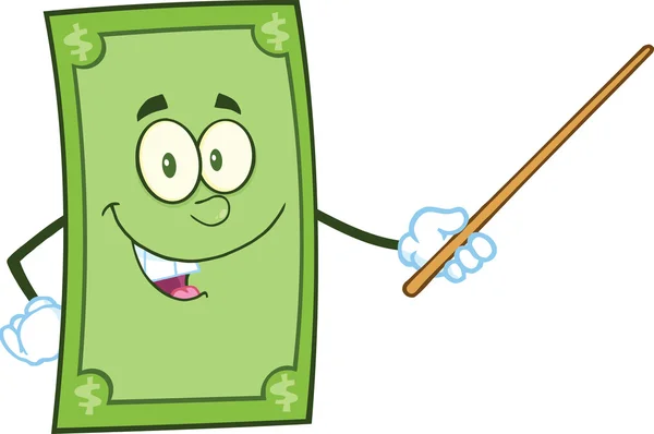 Smiling Dollar Cartoon Character with Pointer Presenting — стоковое фото