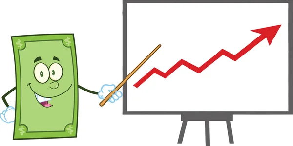 Usmívající se dolar kreslená postava s ukazatelem prezentovat progresivní šipka — Stock fotografie