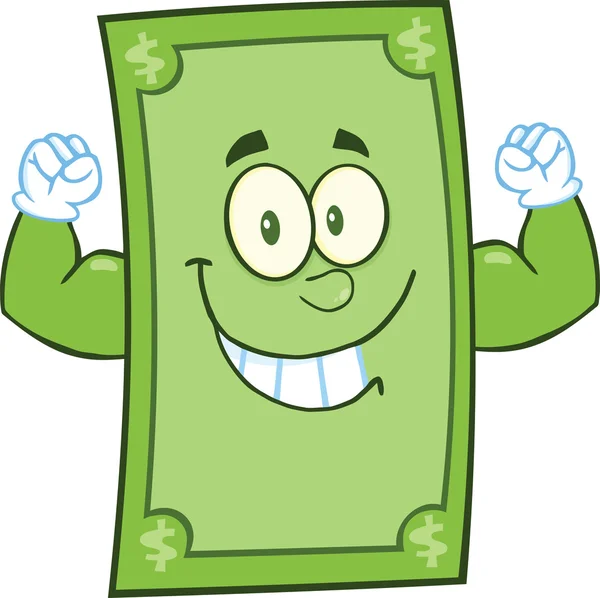 Χαμογελώντας Δολάριο χαρακτήρα κινουμένων σχεδίων που δείχνει μυς του βραχίονα — Φωτογραφία Αρχείου