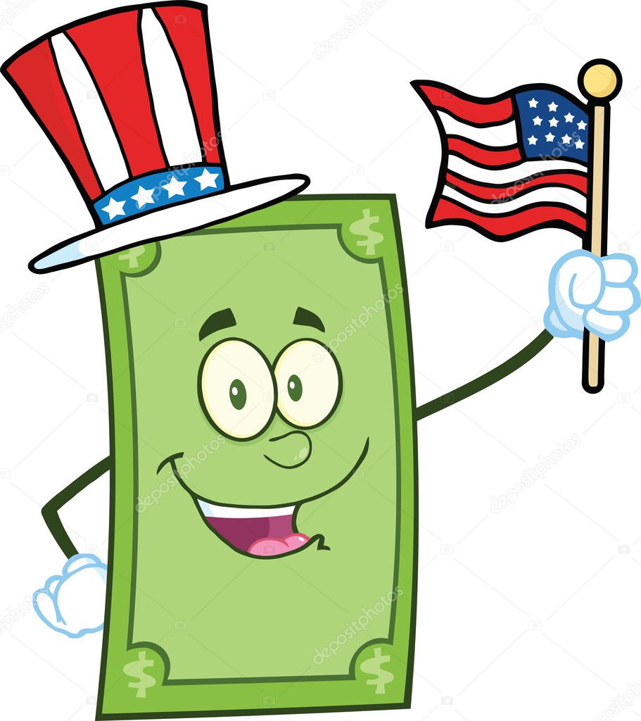 Smiling Dollar With American Patriotic Hat Waving With USA Flag