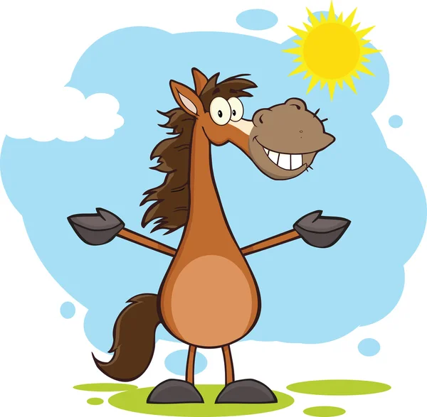 Smiling Horse Cartoon Character With Open Arms Over Landscape — Stock Photo, Image