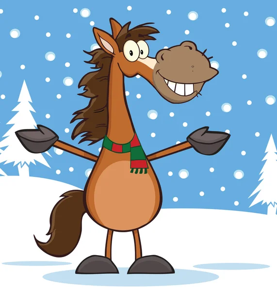 Smiling Horse Cartoon Character Over Winter Landscape