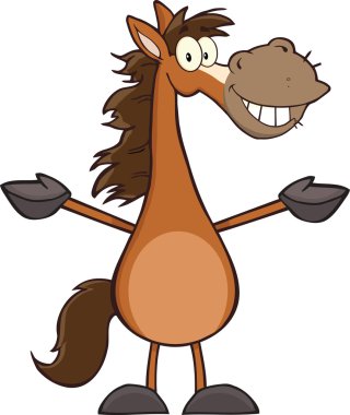 gülümseyen at çizgi film maskot karakteri Kollarını açarak