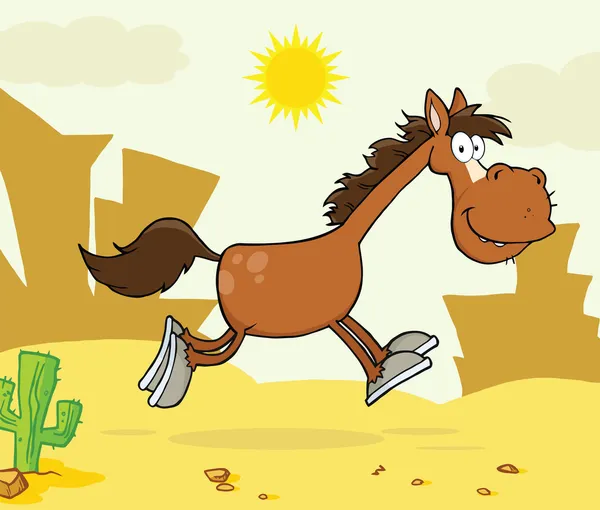 西部の風景の上を実行している馬の漫画のキャラクターの笑みを浮かべてください。 — ストック写真