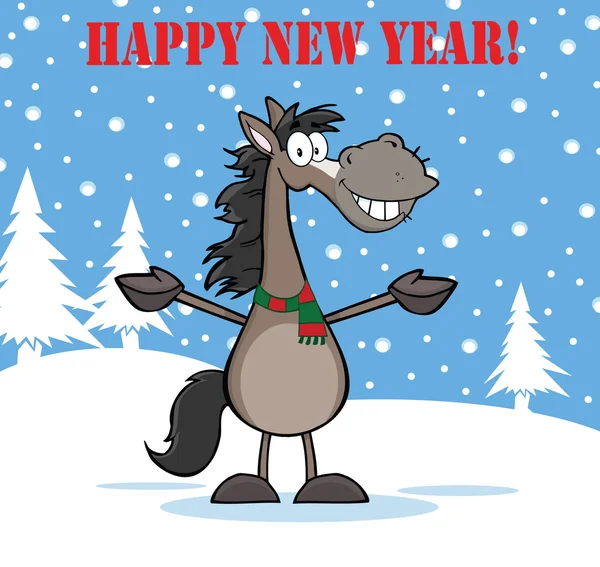灰色の馬の漫画を笑顔で幸せな新年の挨拶 — ストック写真