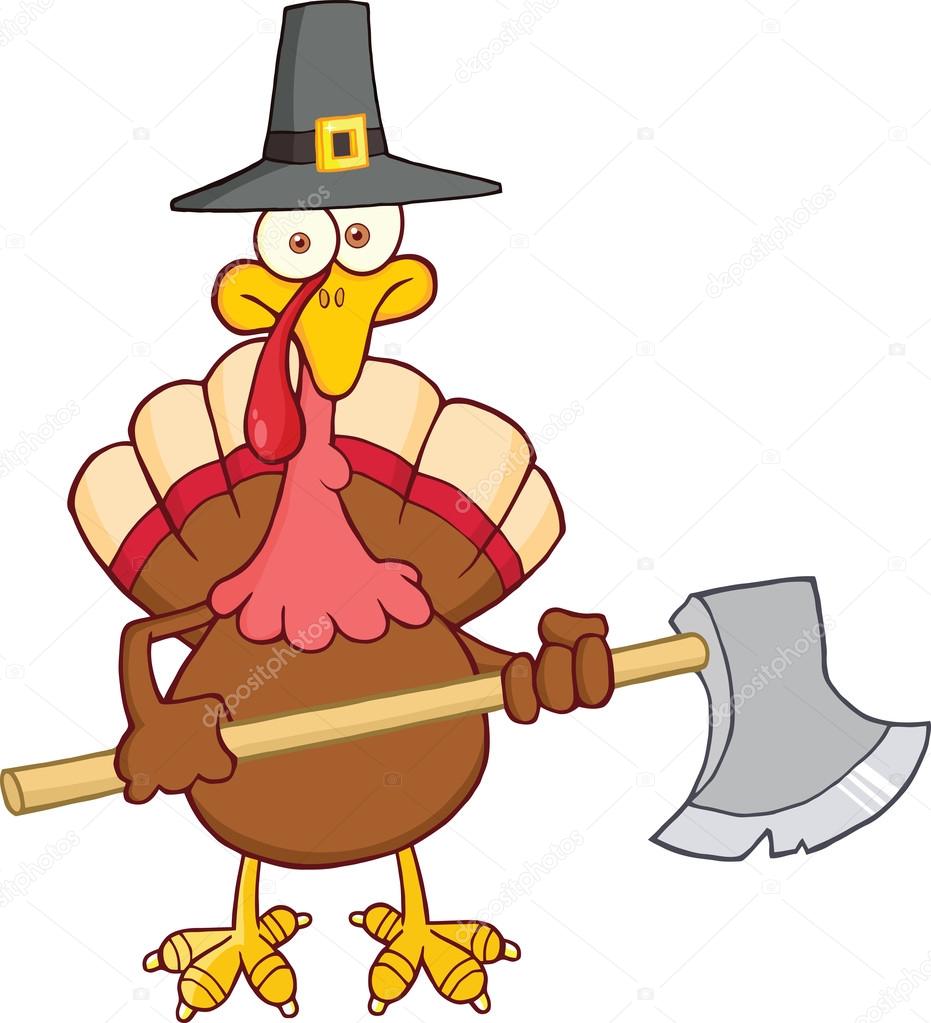 Turkey Character With Pilgrim Hat And Axe