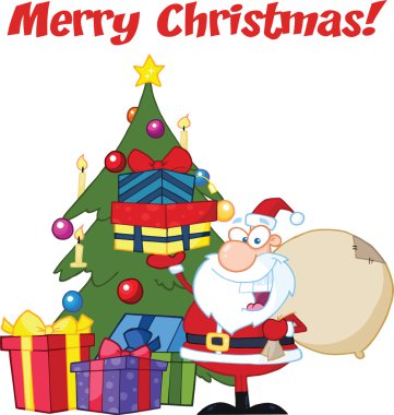 Noel Baba hediye bir yığını bir Noel ağacı tarafından holding ile neşeli Noel tebrik