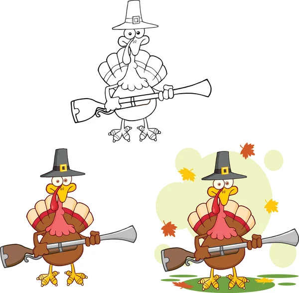 Pilgrim Turkey Bird Cartoon Character With A Musket Collection Set — Stock Photo, Image