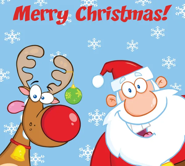 God jul hälsning med renar och santa claus — Stockfoto