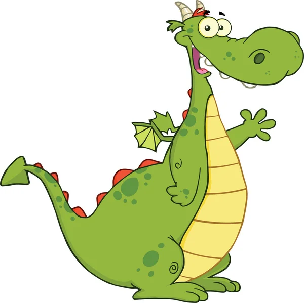 Dragão verde personagem dos desenhos animados acenando para saudação — Fotografia de Stock