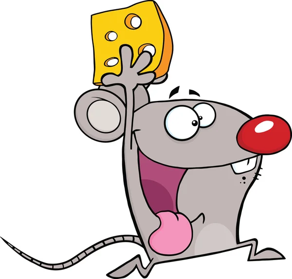치즈와 함께 실행 하는 마우스 만화 마스코트 캐릭터 — 스톡 사진