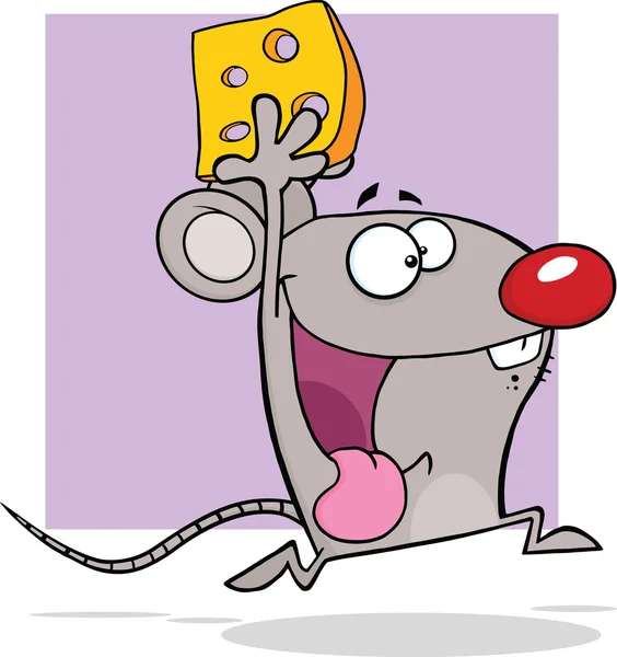 Grå mus maskot seriefiguren kör med ost — Stockfoto