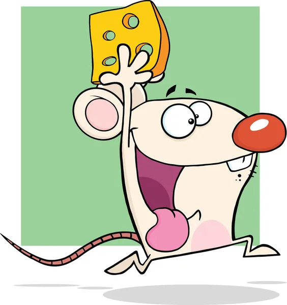Vit mus seriefiguren kör med ost — Stockfoto