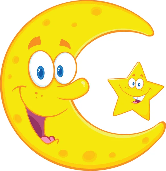 Smiling Crescent Moon And Happy Little Star Characters — Stock Photo, Image