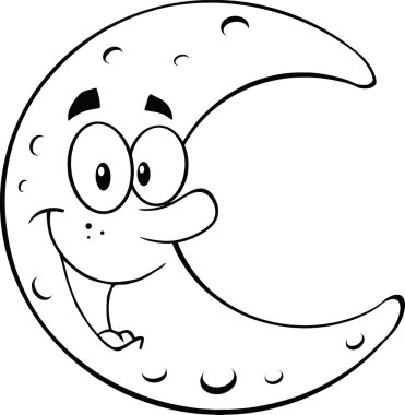 siyah beyaz ay çizgi film maskot karakteri gülümseyen