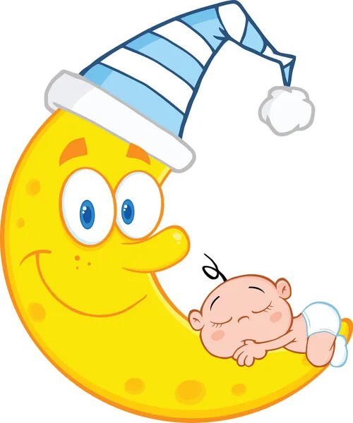 Mignon bébé garçon dort sur la lune souriante avec chapeau de sommeil — Photo