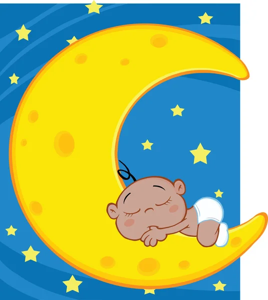 Cute African American Baby Boy Sleeps On Moon Over Blue Sky With Stars — Stock Photo, Image