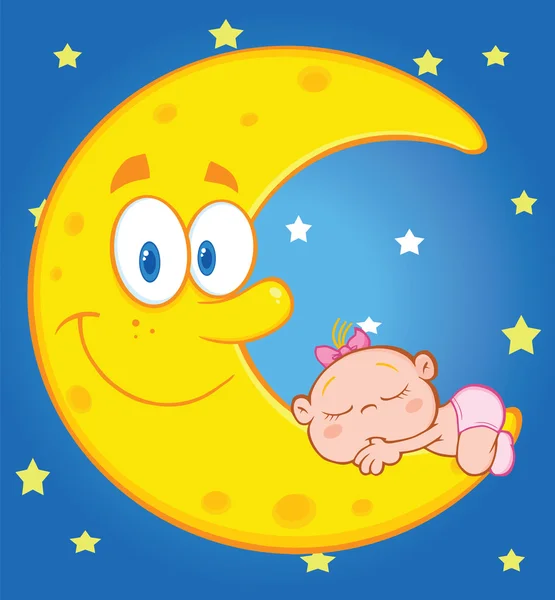 Cute Baby Girl Sleeps On The Smiling Moon Over Blue Sky With Stars — Stock Photo, Image