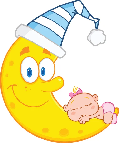 Kız şirin bebek şapka uyku ile gülümseyen ayda uyur. — Stok fotoğraf