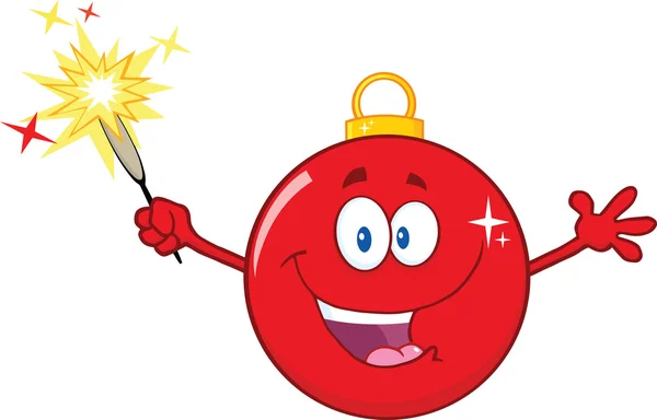 Щасливий червоний різдвяний м'яч мультфільм персонаж тримає A Sparkler — стокове фото