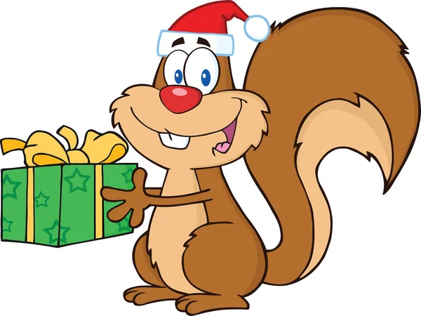 Glad egern med Santa Hat Holding en gave - Stock-foto