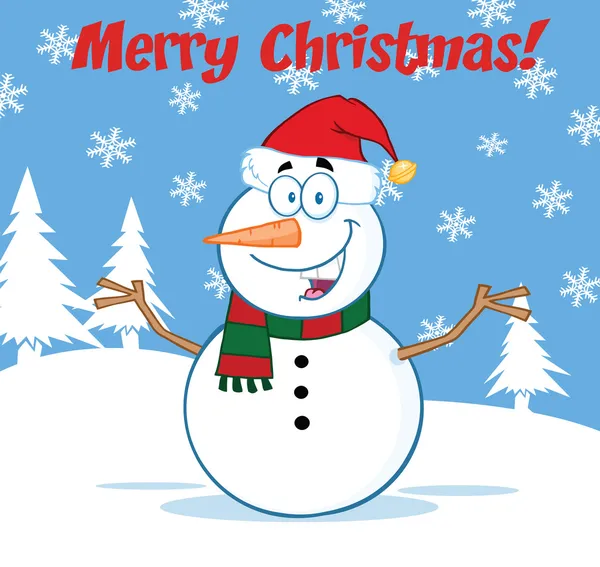 Glücklich Schneemann Cartoon-Figur mit offenen Armen unter fröhlichen Weihnachtstext — Stockfoto