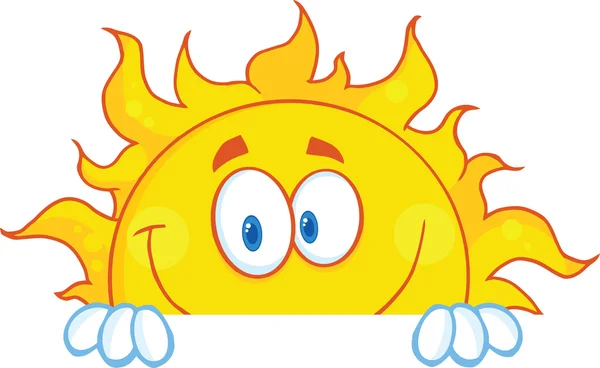 Personnage souriant de mascotte de bande dessinée du soleil sur un panneau indicateur — Photo