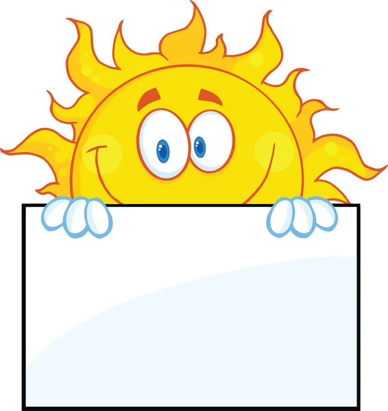 Personnage souriant de bande dessinée de soleil au-dessus d'un panneau indicateur — Photo