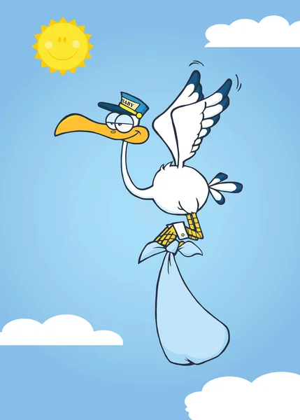 Cute Cartoon Stork Delivery A Baby Boy In The Sky — Stock Photo, Image