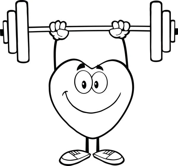 Black And White Smiling Heart Cartoon Mascot Character Lifting Weights — Stock Photo, Image