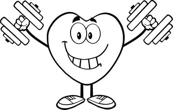 Black And White Smiling Heart Cartoon Character Training With Dumbbells — Stock Photo, Image