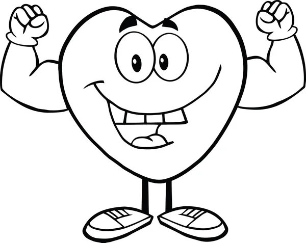 Black And White Happy Heart Cartoon Character Showing Muscle Arms — Stock Photo, Image