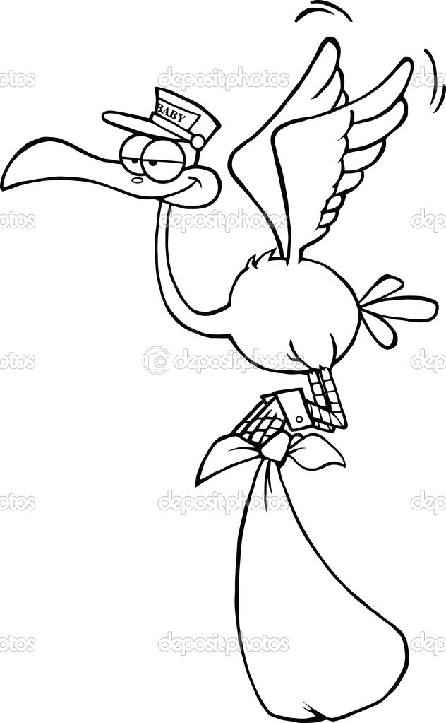 Black And White Cute Cartoon Stork Delivery A Baby Bundled
