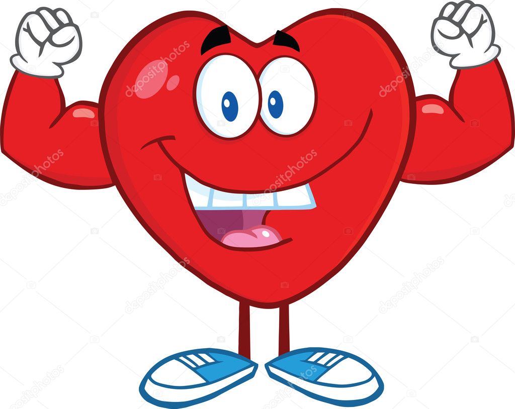 Happy Heart Cartoon Character Showing Muscle Arms
