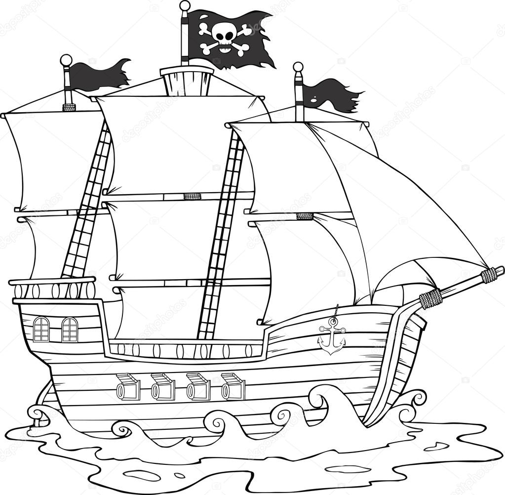 Black And White Pirate Ship Sailing Under Jolly Roger Flag