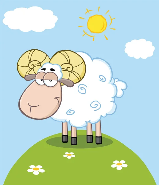 Cute Ram Sheep Cartoon Character On A Hill — Stock Photo, Image