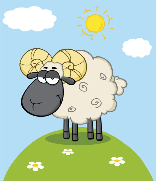 Cute Black Head Ram Sheep Cartoon Character On A Hill — Stock Photo, Image